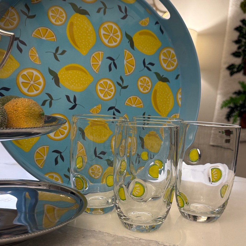 Anthropologie Glass Tumbler Set with blown glass Lemon Lime Accent Yellow/Green